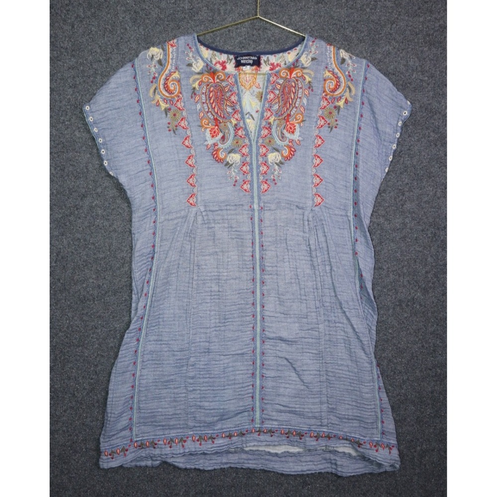 Johnny Was Dress Women Blue Embroidered V Neck‎ Mini Gauze Tikal Poncho Bohemian